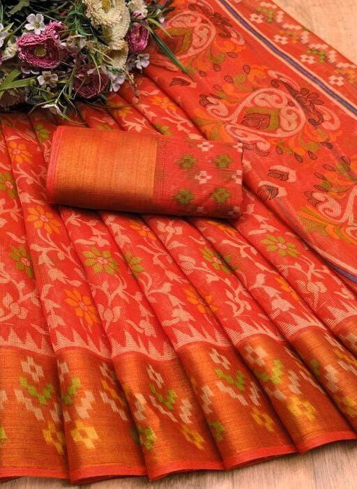 Zarina Brasso Orange Cotton Saree | Ivaara's Gifting Collection.