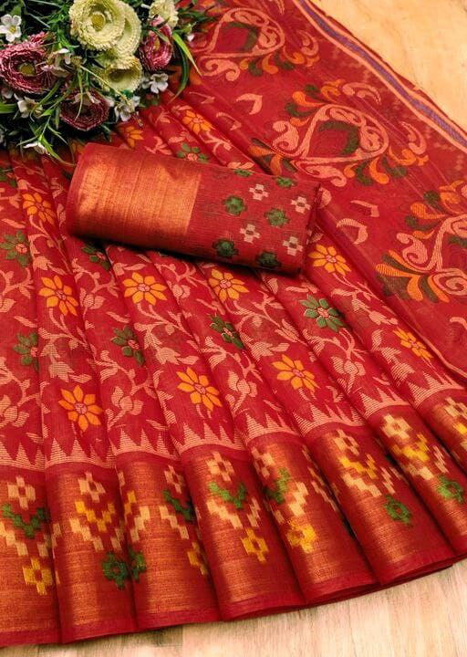 Zarina Brasso Red Cotton Saree | Ivaara's Gifting Collection.