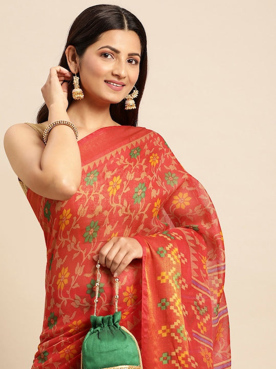 Zarina Brasso Red Cotton Saree | Ivaara's Gifting Collection.