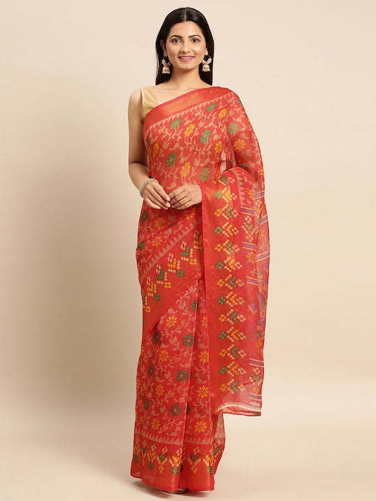 Zarina Brasso Red Cotton Saree | Ivaara's Gifting Collection.