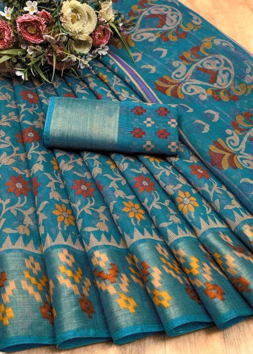 Zarina Brasso Teal Cotton Saree | Ivaara's Gifting Collection.
