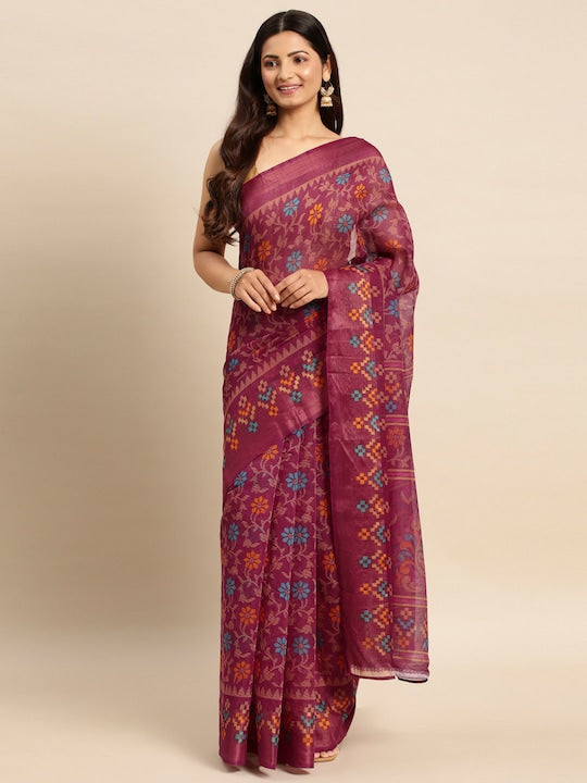 Zarina Brasso Wine Cotton Saree | Ivaara's Gifting Collection.
