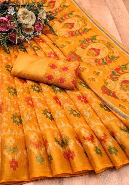 Zarina Brasso Yellow Cotton Saree | Ivaara's Gifting Collection.