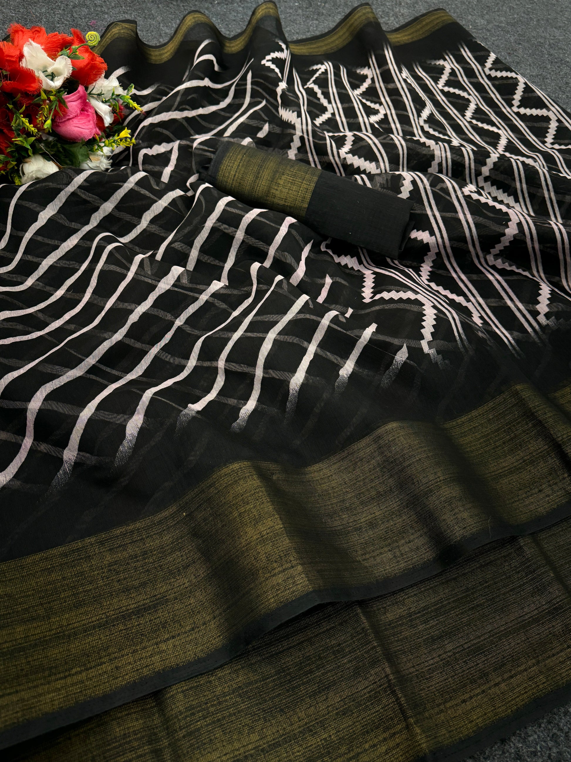 Zarina Leheriya Black Cotton Saree | Ivaara's Gifting Collection.
