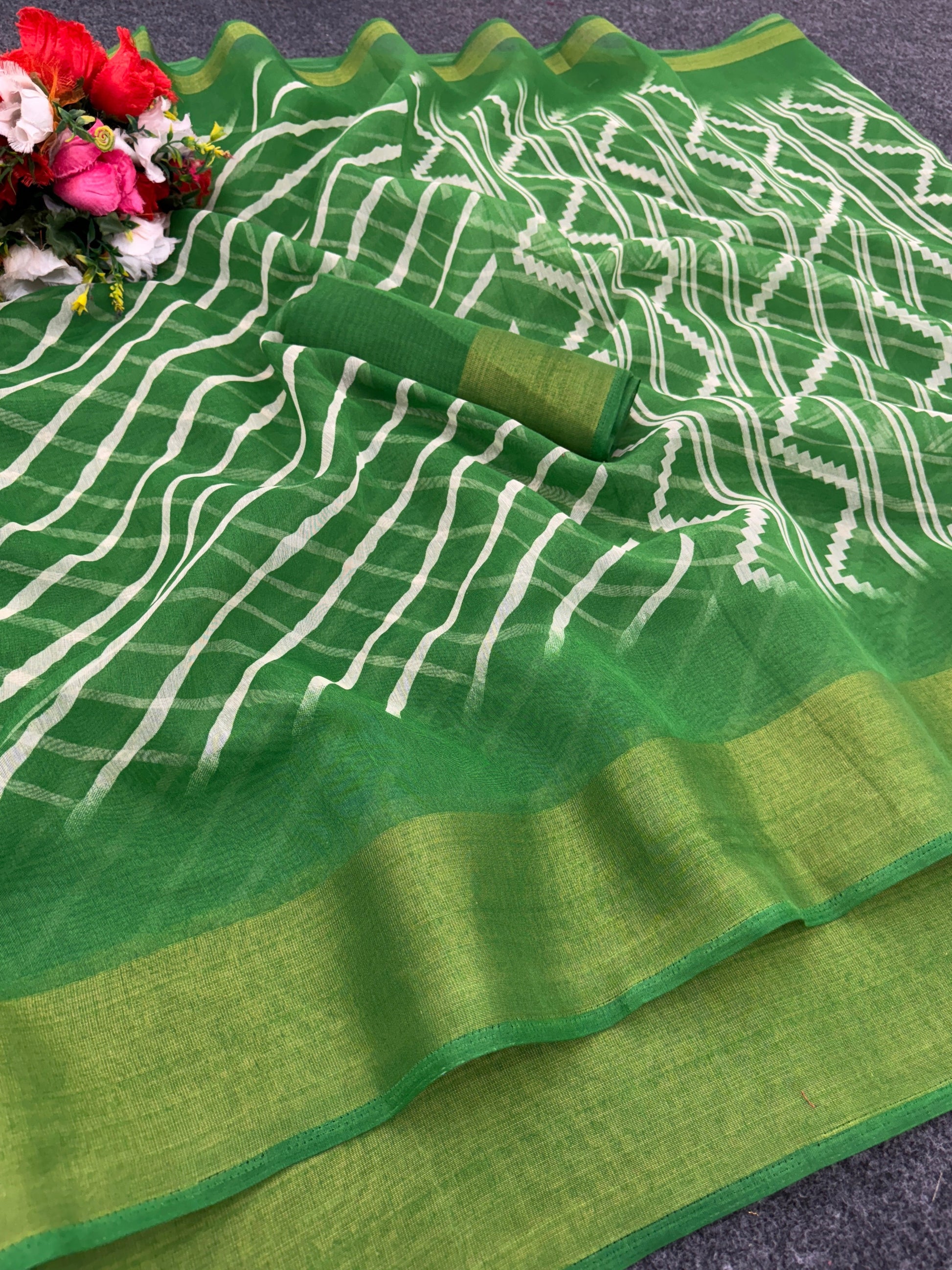 Zarina Leheriya Green Cotton Saree | Ivaara's Gifting Collection.