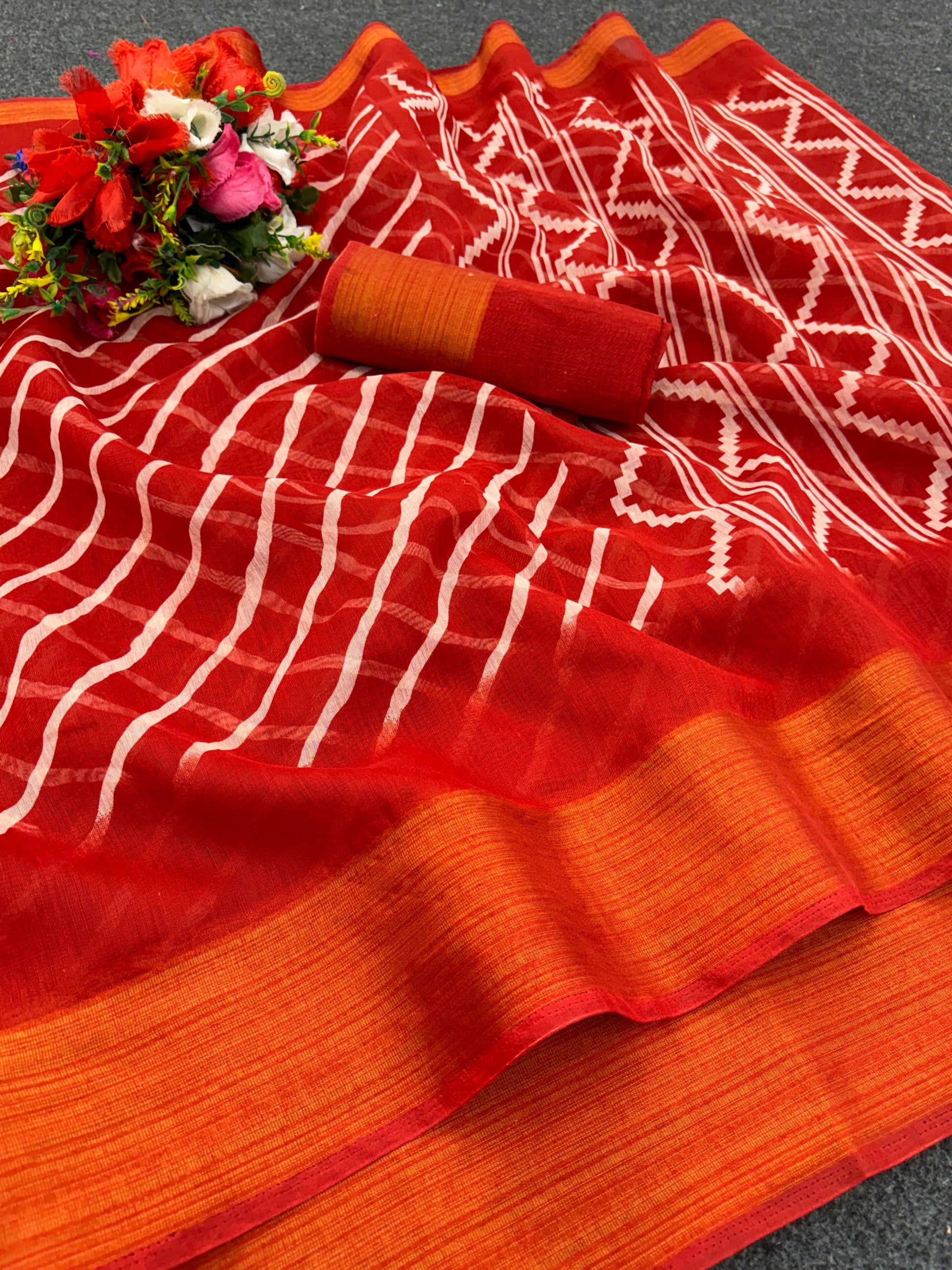 Zarina Leheriya Red Cotton Saree | Ivaara's Gifting Collection.