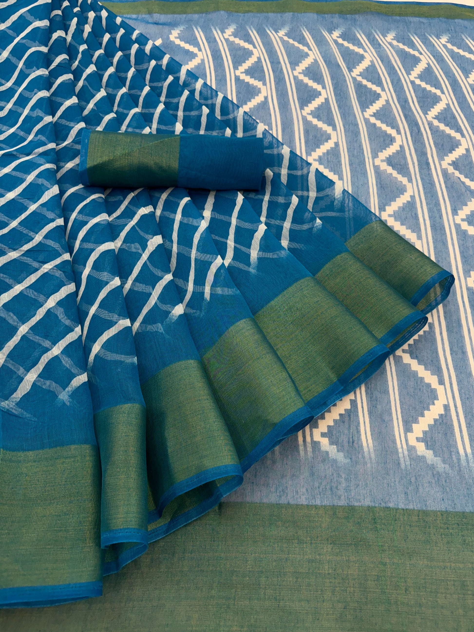 Zarina Leheriya Teal Blue Cotton Saree | Ivaara's Gifting Collection.