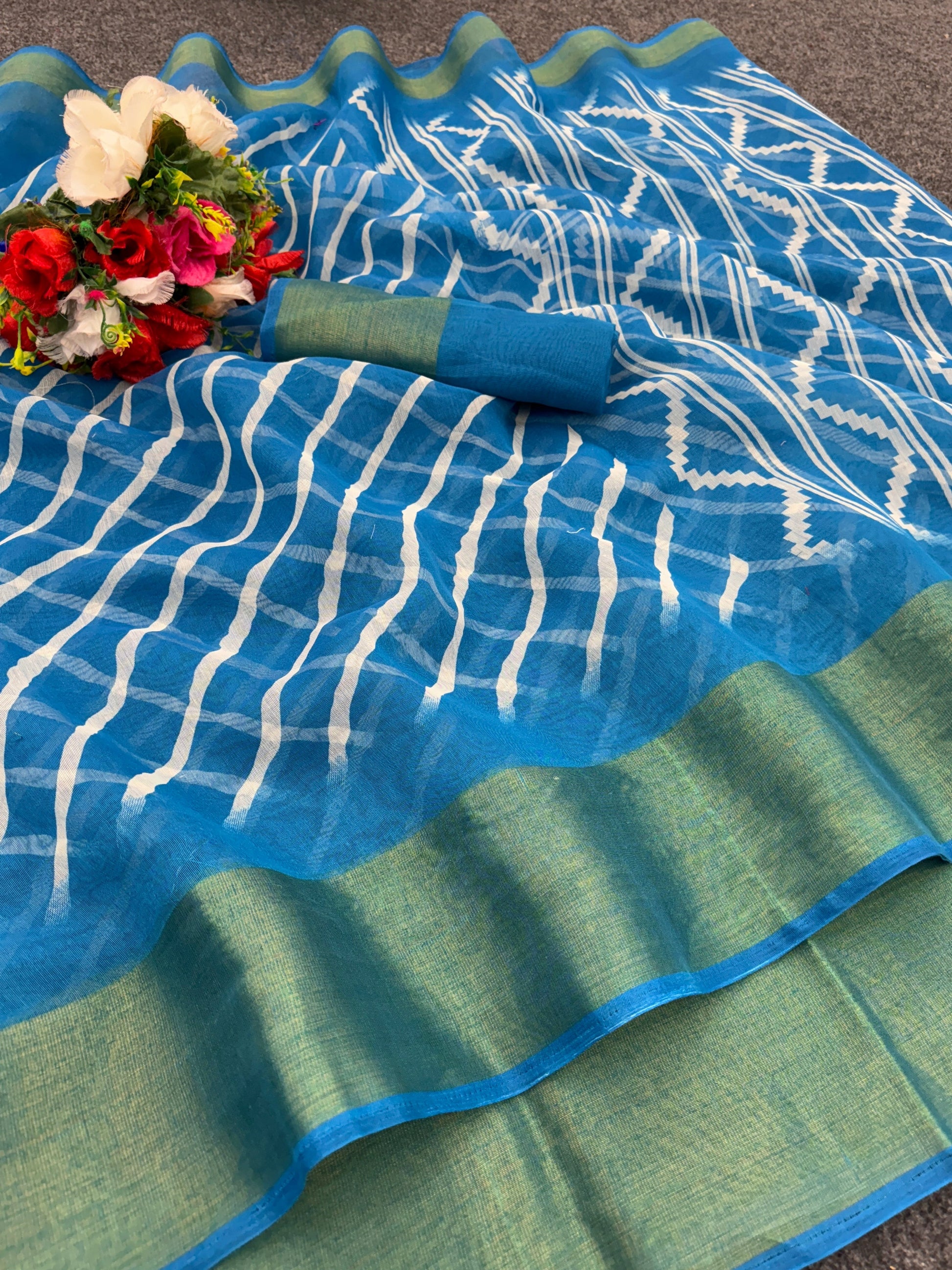 Zarina Leheriya Teal Blue Cotton Saree | Ivaara's Gifting Collection.