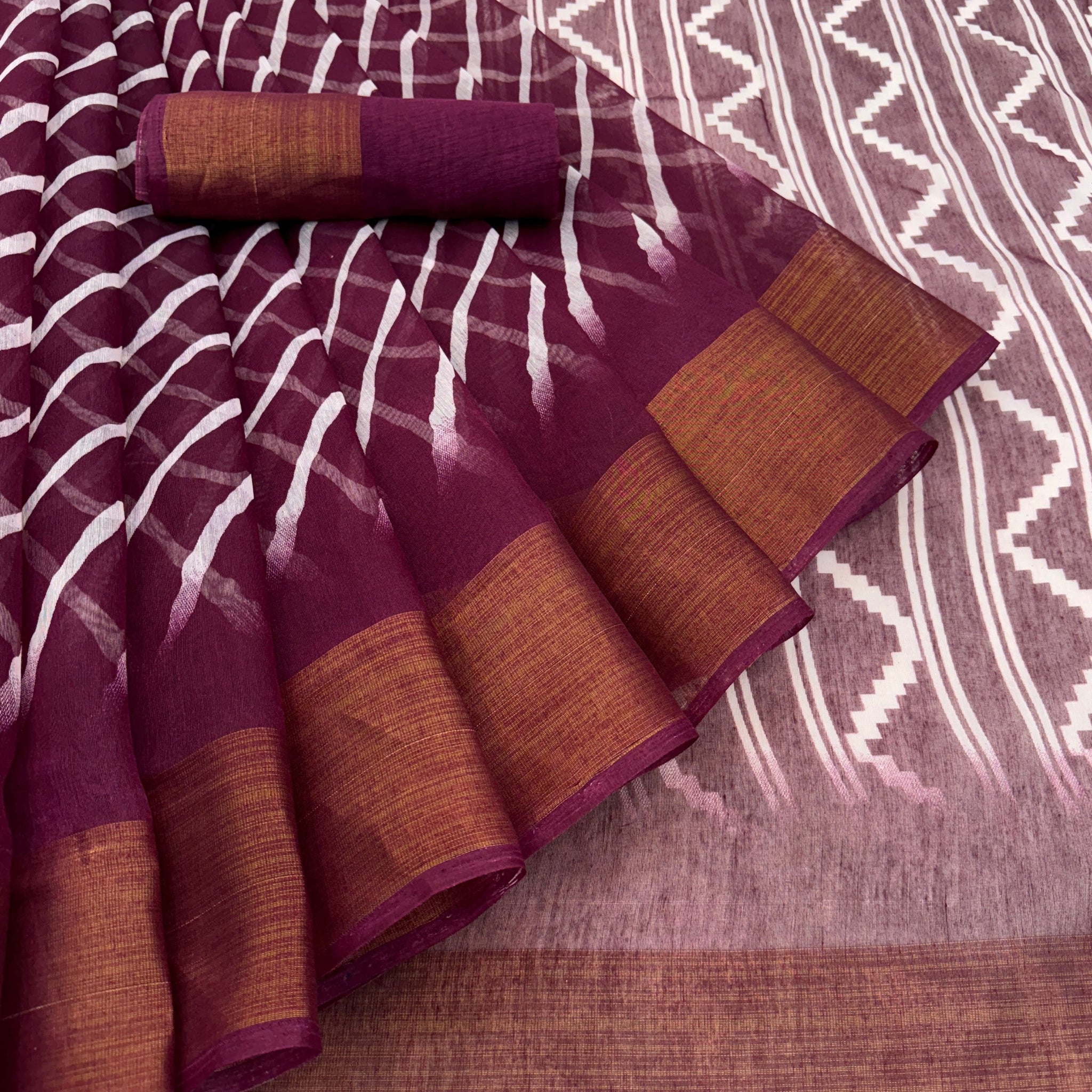 Zarina Leheriya Wine Cotton Saree | Ivaara's Gifting Collection.