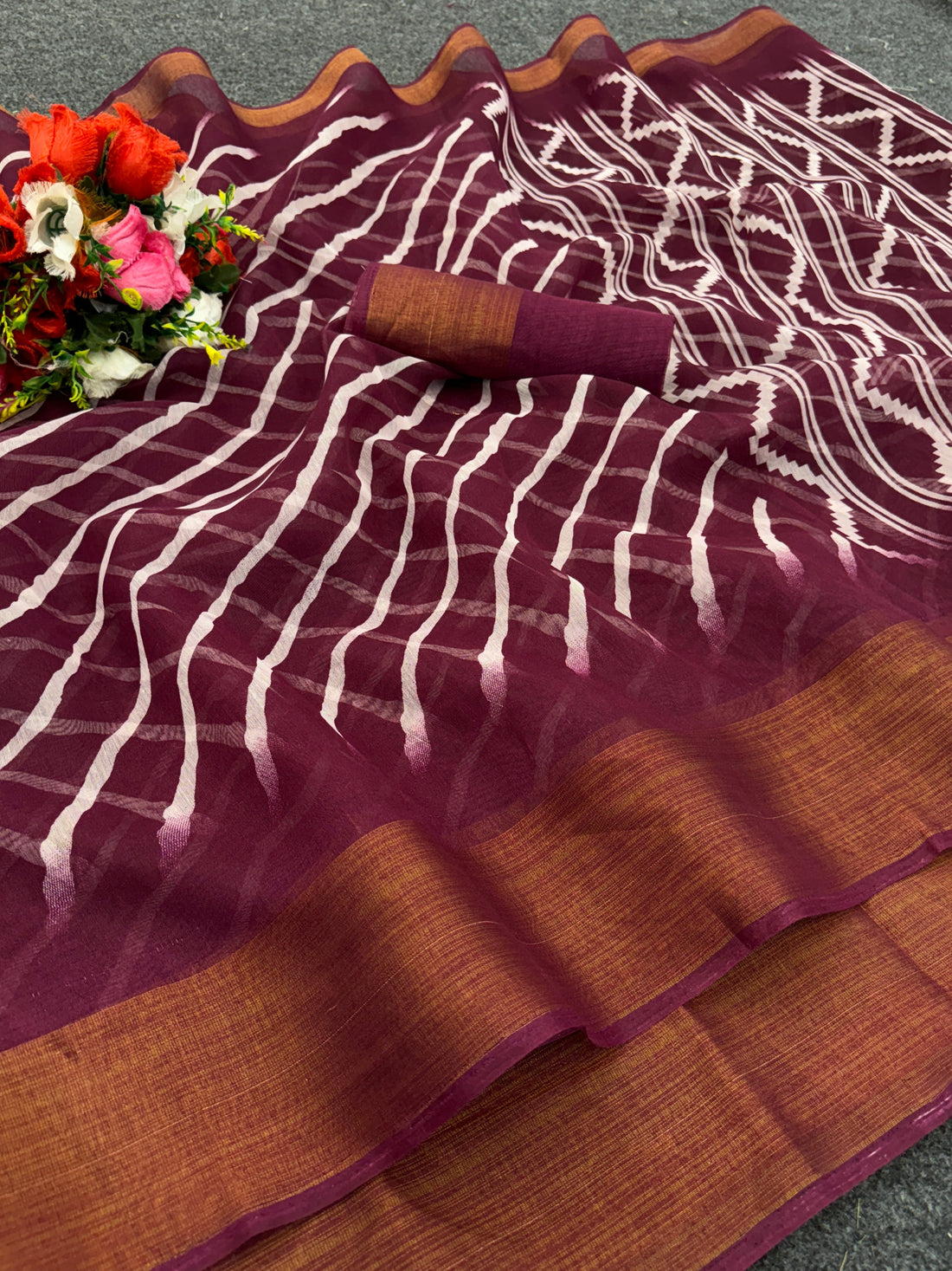 Zarina Leheriya Wine Cotton Saree | Ivaara's Gifting Collection.
