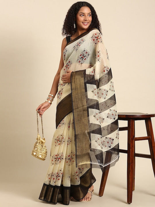 Zarina Tussar Black Cotton Saree | Ivaara's Gifting Collection.