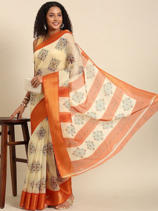 Zarina Tussar Orange Cotton Saree | Ivaara's Gifting Collection.