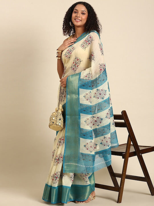 Zarina Tussar Teal Blue Cotton Saree | Ivaara's Gifting Collection.