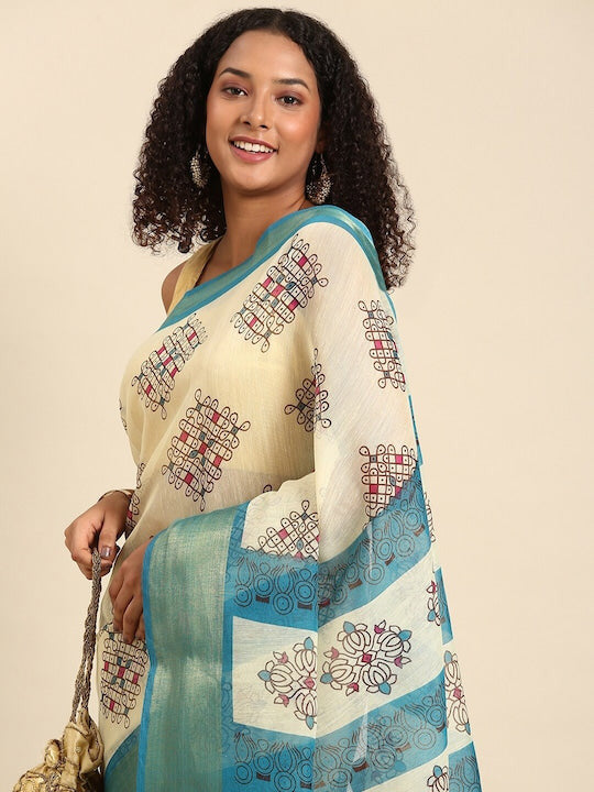 Zarina Tussar Teal Blue Cotton Saree | Ivaara's Gifting Collection.