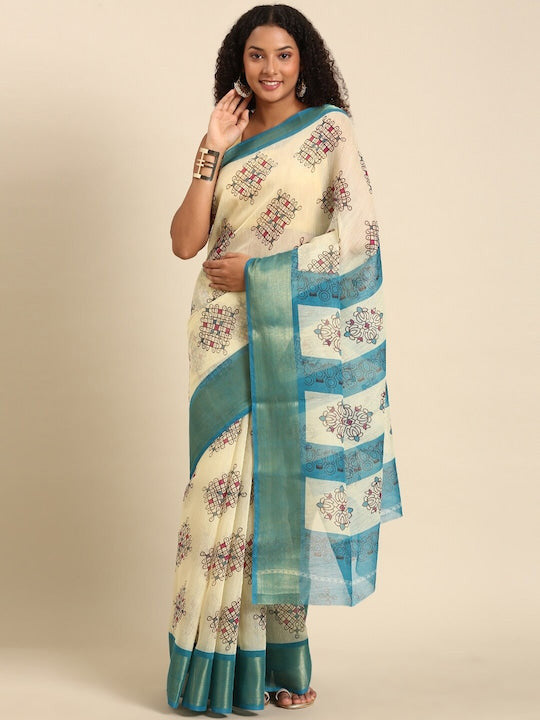 Zarina Tussar Teal Blue Cotton Saree | Ivaara's Gifting Collection.