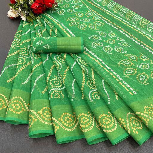 Zarina Bandhej Cotton Green Saree By Ivaara | Best Option For Gifting.
