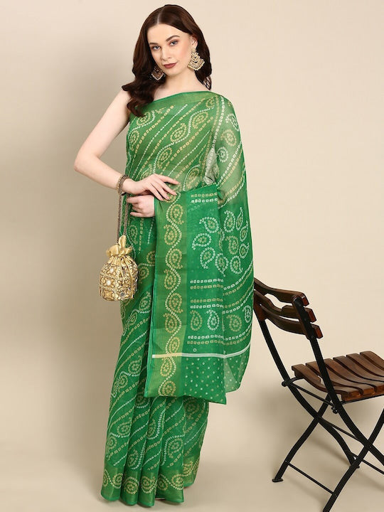 Zarina Bandhej Cotton Green Saree By Ivaara | Best Option For Gifting.