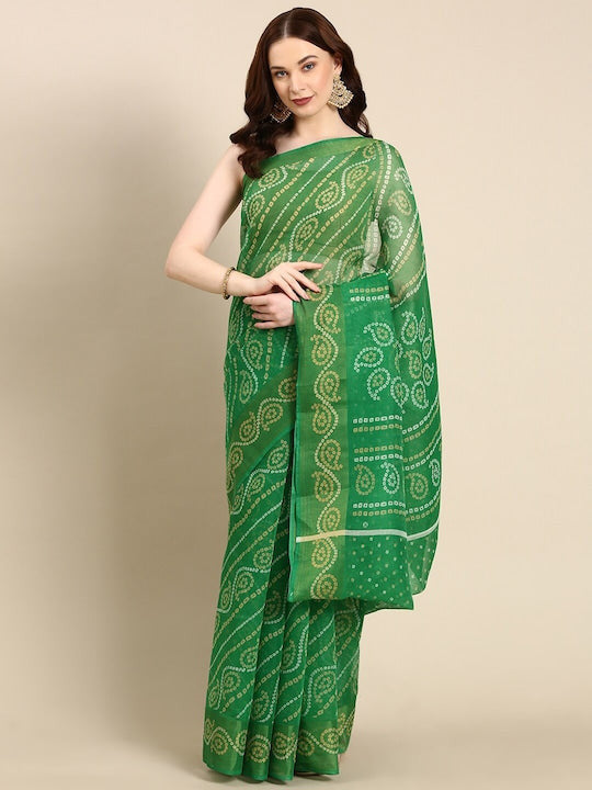 Zarina Bandhej Cotton Green Saree By Ivaara | Best Option For Gifting.