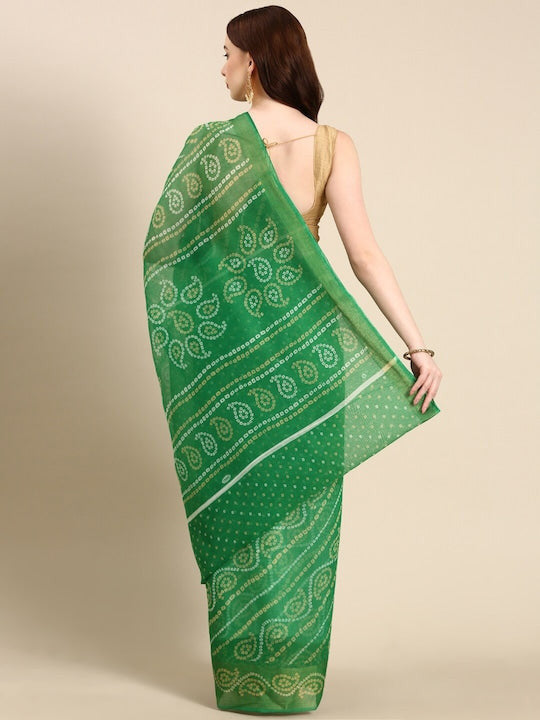 Zarina Bandhej Cotton Green Saree By Ivaara | Best Option For Gifting.