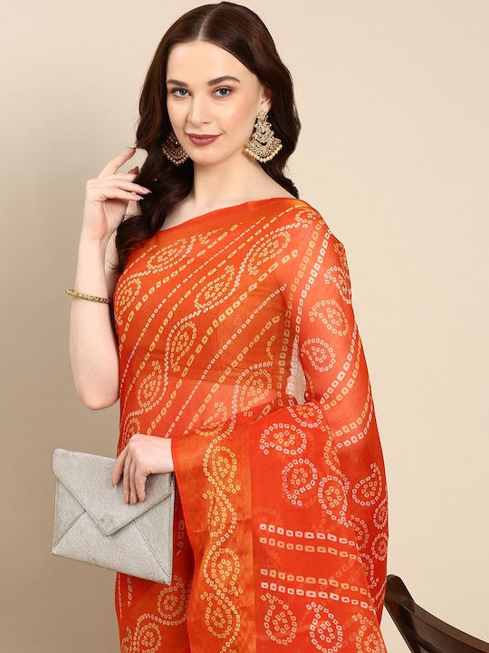 Zarina Bandhej Cotton Orange Saree By Ivaara | Best Option For Gifting.