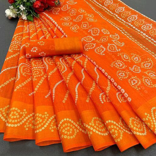 Zarina Bandhej Cotton Orange Saree By Ivaara | Best Option For Gifting.