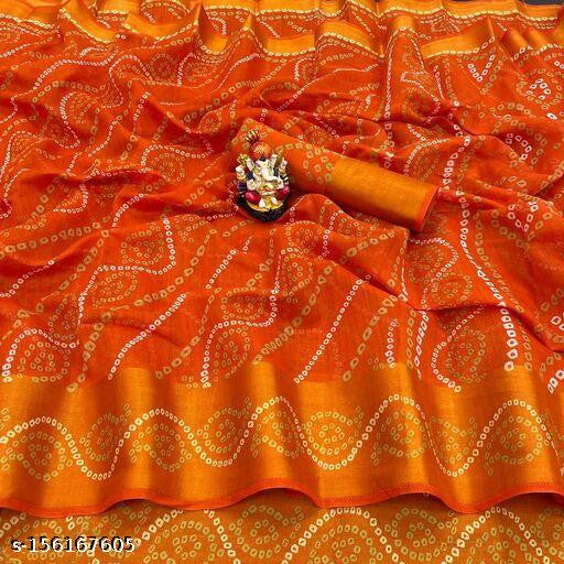 Zarina Bandhej Cotton Orange Saree By Ivaara | Best Option For Gifting.