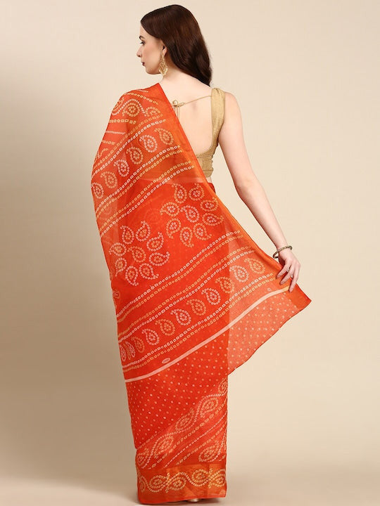 Zarina Bandhej Cotton Orange Saree By Ivaara | Best Option For Gifting.