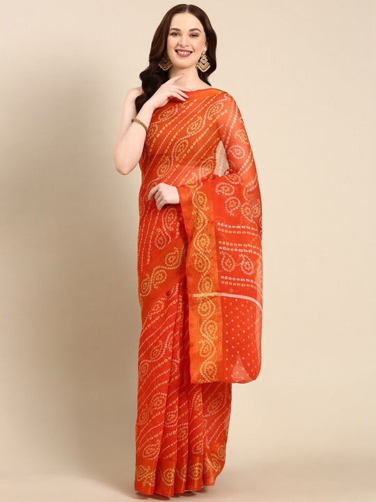 Zarina Bandhej Cotton Orange Saree By Ivaara | Best Option For Gifting.