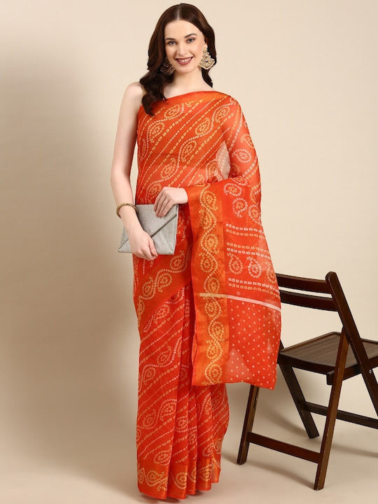 Zarina Bandhej Cotton Orange Saree By Ivaara | Best Option For Gifting.