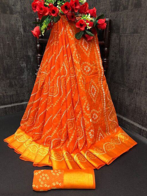 Zarina Bandhej Cotton Orange Saree By Ivaara | Best Option For Gifting.