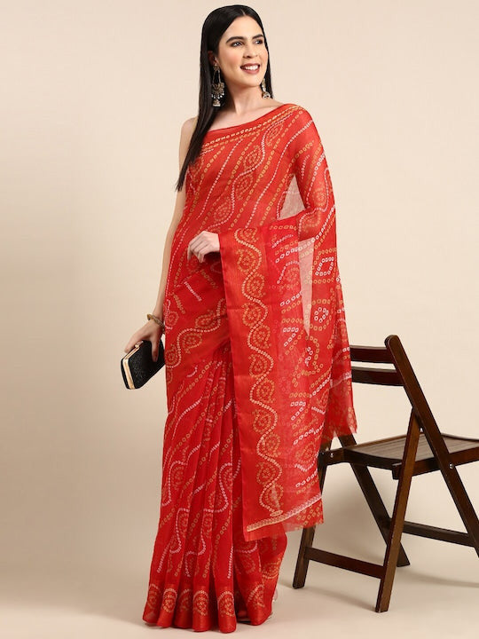 Zarina Bandhej Cotton Red Saree By Ivaara | Best Option For Gifting.