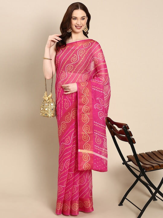 Zarina Bandhej Cotton Pink Saree By Ivaara | Best Option For Gifting.