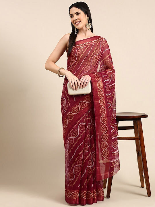 Zarina Bandhej Cotton Wine Saree By Ivaara | Best Option For Gifting.