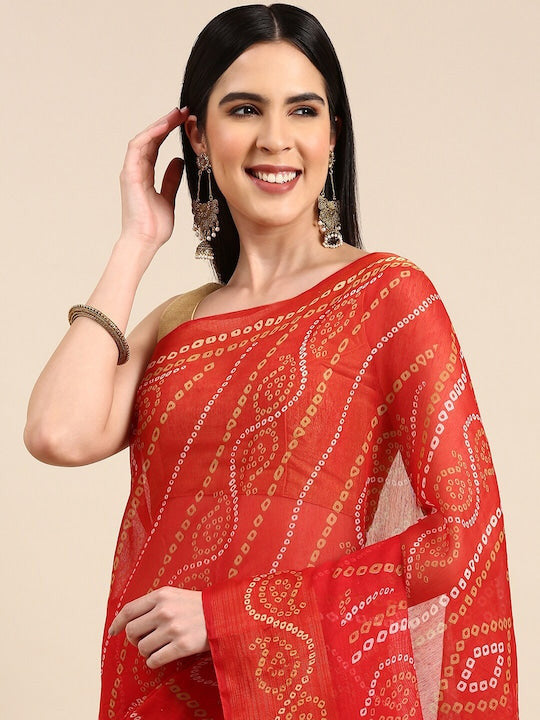 Zarina Bandhej Cotton Red Saree By Ivaara | Best Option For Gifting.