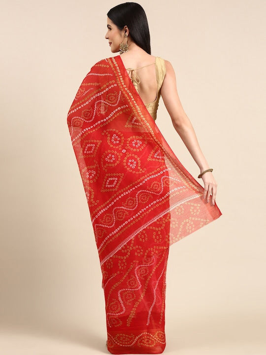 Zarina Bandhej Cotton Red Saree By Ivaara | Best Option For Gifting.
