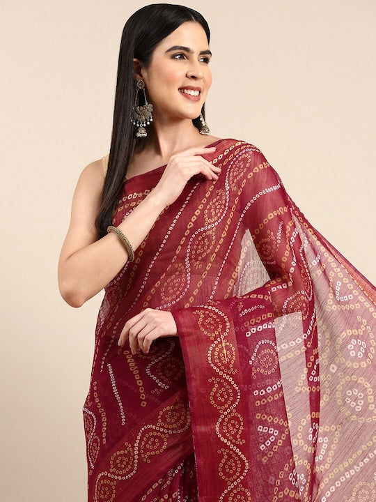 Zarina Bandhej Cotton Wine Saree By Ivaara | Best Option For Gifting.