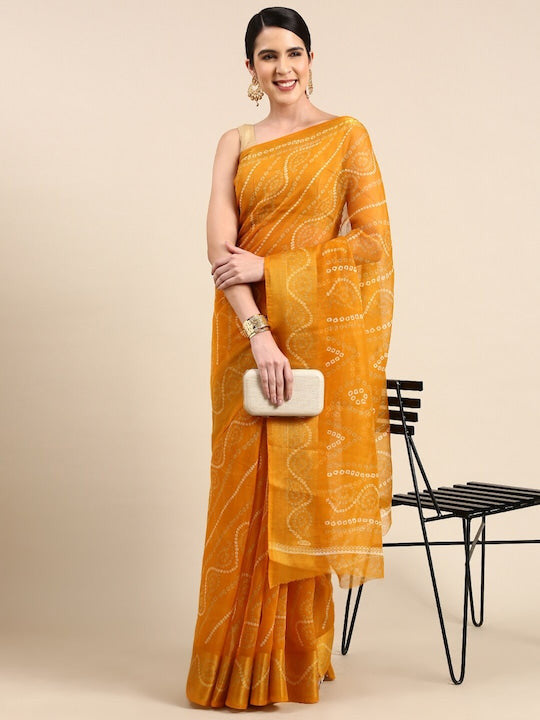 Zarina Bandhej Cotton Yellow Saree By Ivaara | Best Option For Gifting.