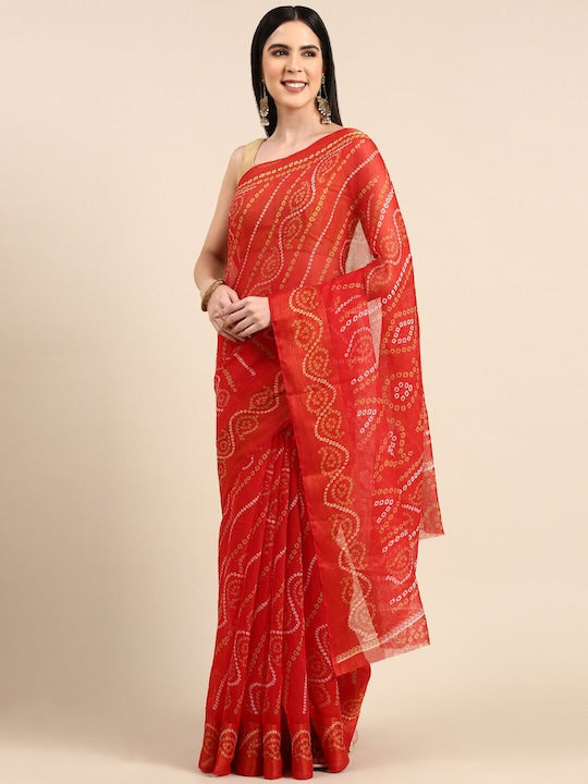 Zarina Bandhej Cotton Red Saree By Ivaara | Best Option For Gifting.