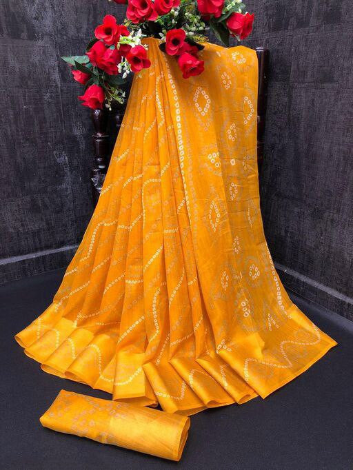 Zarina Bandhej Cotton Yellow Saree By Ivaara | Best Option For Gifting.