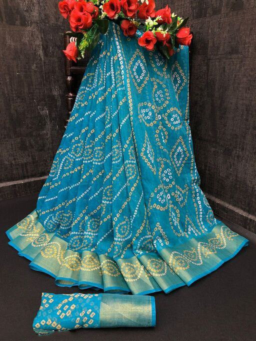 Zarina Bandhej Cotton Teal Saree By Ivaara | Best Option For Gifting.