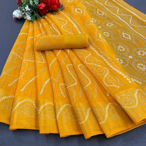 Zarina Bandhej Cotton Yellow Saree By Ivaara | Best Option For Gifting.