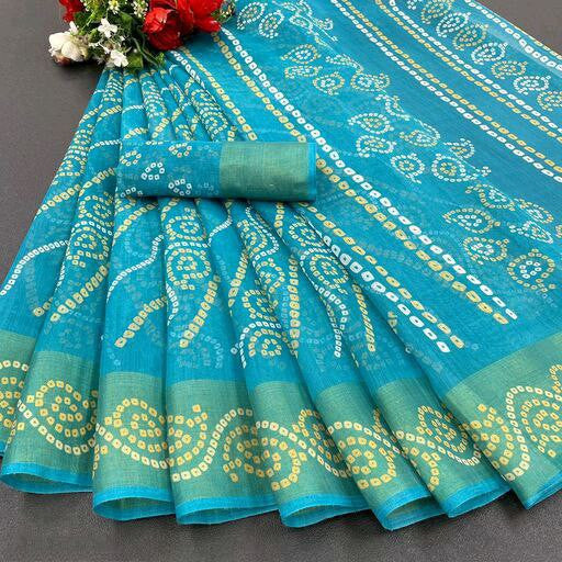Zarina Bandhej Cotton Teal Saree By Ivaara | Best Option For Gifting.